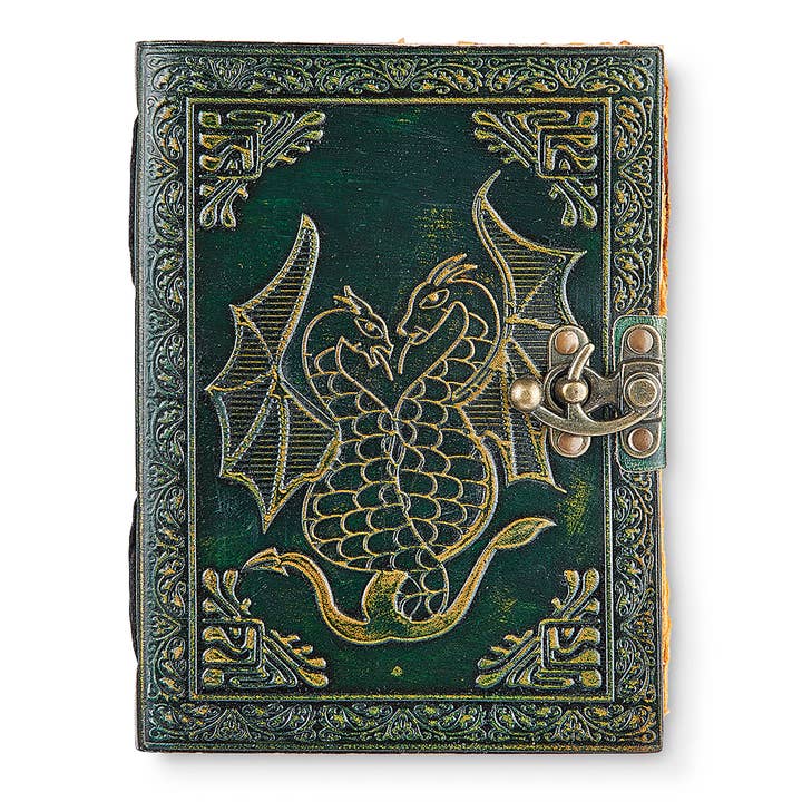 Dual Dragons Embossed Brass Clasp Journal for wholesale by Pyramid Collection