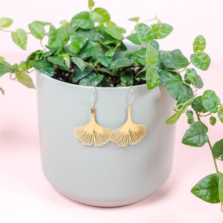 Gold Gingko Leaf Dangle Earrings for wholesale by Plant Lover