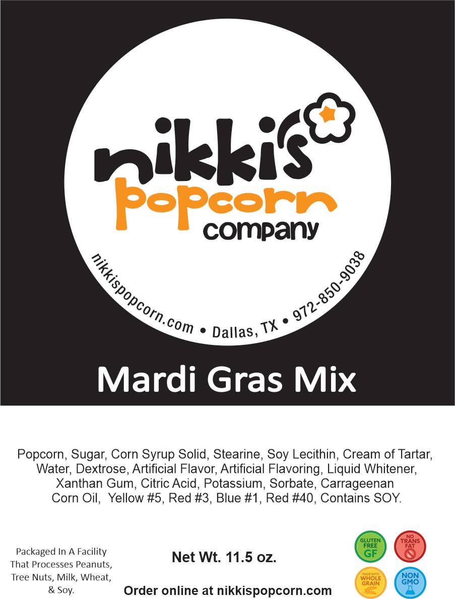 Nikki's Popcorn Company - Wholesale Popcorn - 4 Cup Peg Bag - Mardi Gras Mix Popcorn1