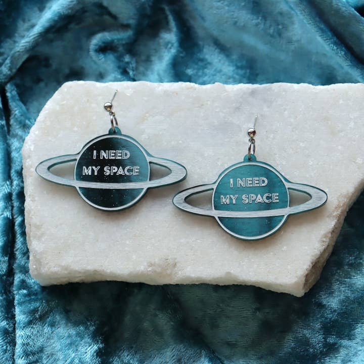 "I Need My Space" Hand-Painted Acrylic Statement Earrings for wholesale by Sunshine Studio