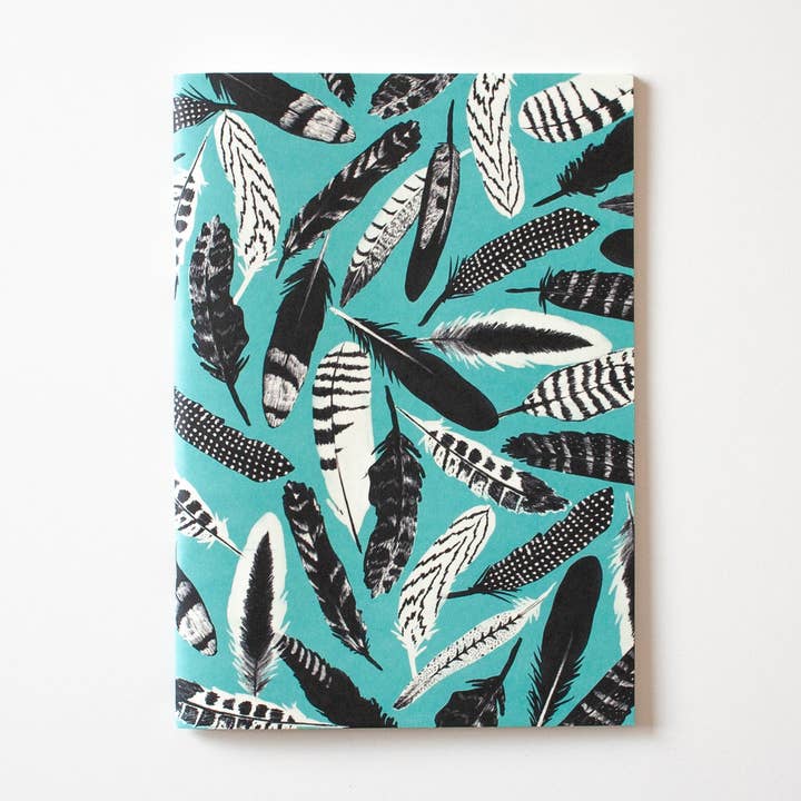 A5 notebook with feather pattern blue for wholesale by Papaya Paper Products