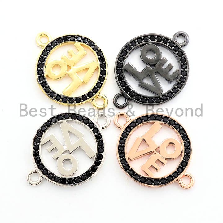 CZ Micro Pave Two Tone LOVE Round Connector Charm, 14x20mm,Cubic Zirconia Love Pave Beads, Gold/Rose gold/Silver/Black, SKU#Y144 for wholesale by BestBeads&Beyond