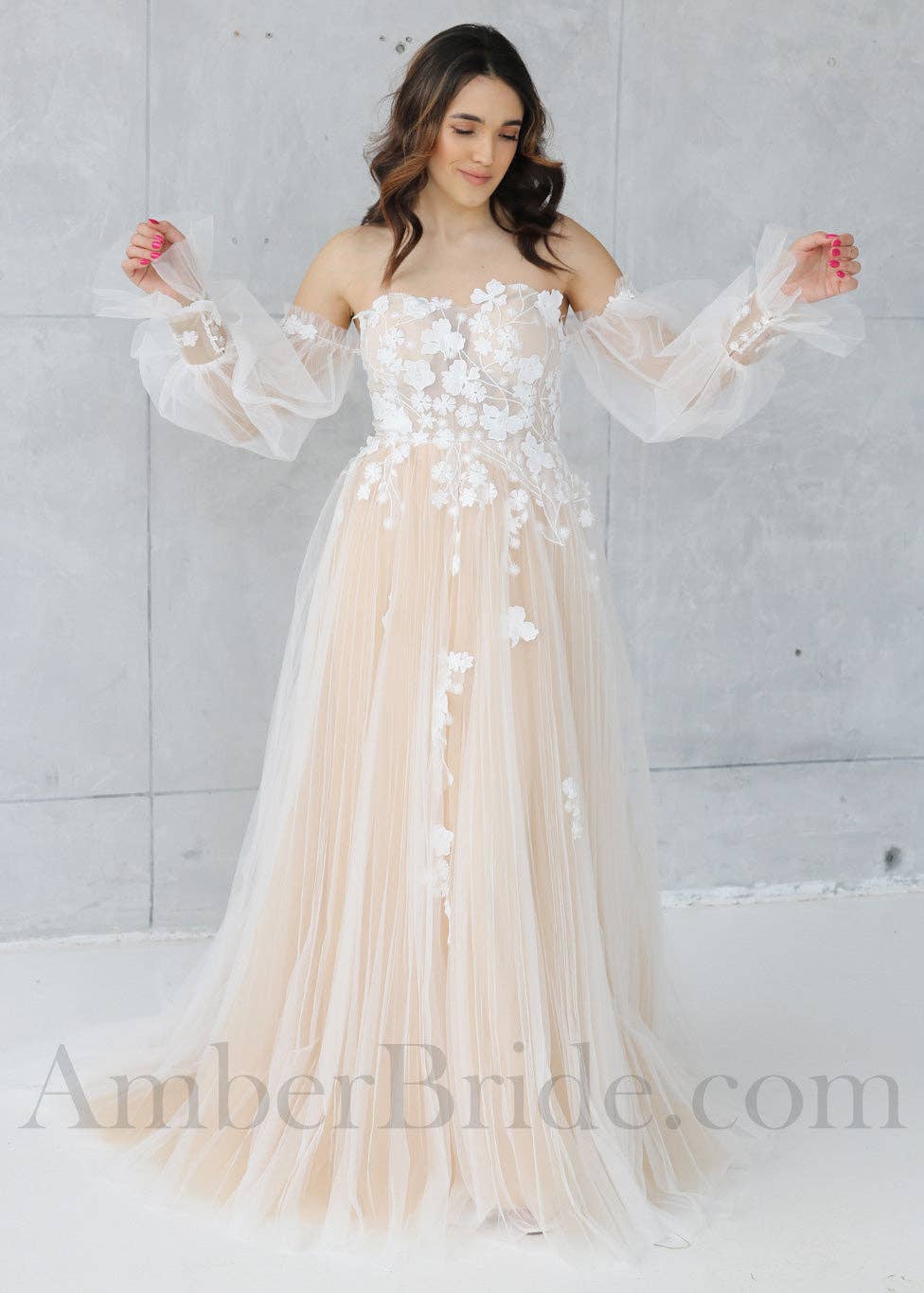 Amber Commerce Group, MB - Wholesale Gown - Women's - Rustic A-Line Wedding Dress with Flower Appliques and Long Puffy Sleeves0