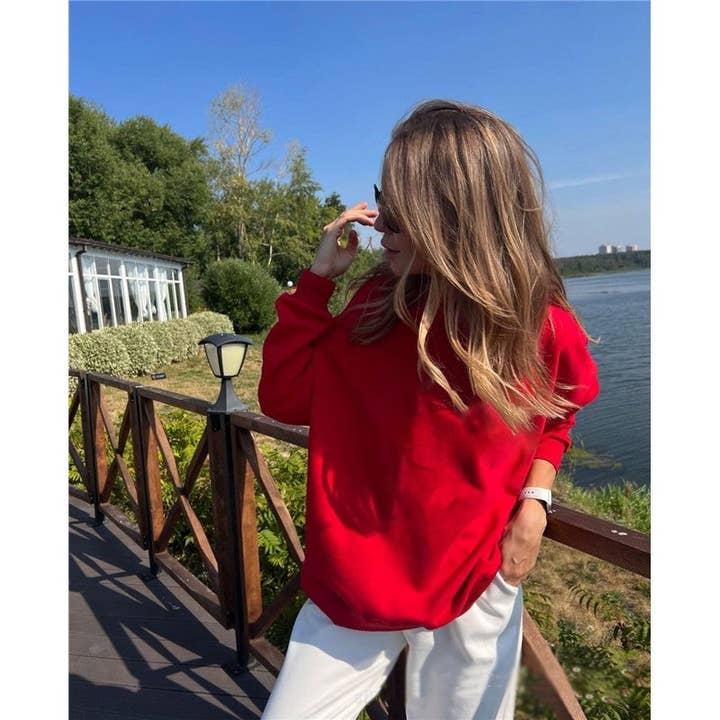UZ Wholesale Store - Wholesale Sweatshirt - Women's - Casual Loose Fit Solid Color Crewneck Cotton Sweatshirt