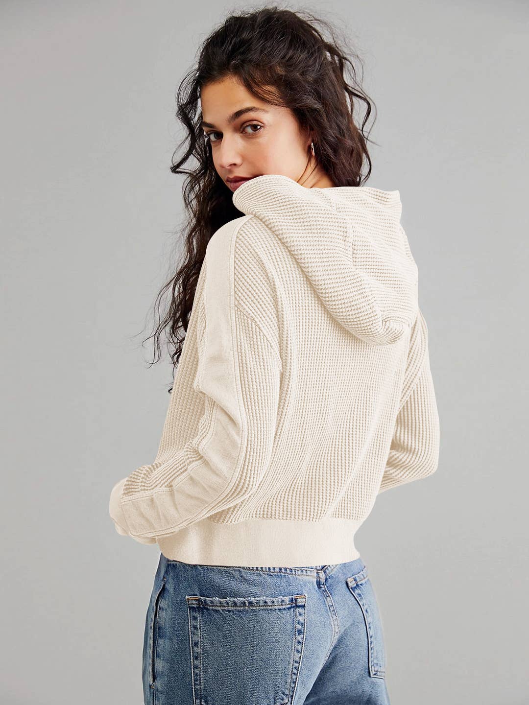 HIDDENBRAND - Wholesale Hoodie - Women's - Full zip waffle cropped hoodie in Brown18