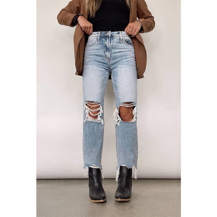 Paperdoll - Wholesale Jeans - Women's - Women Retro High Waist Ripped Straight Jeans