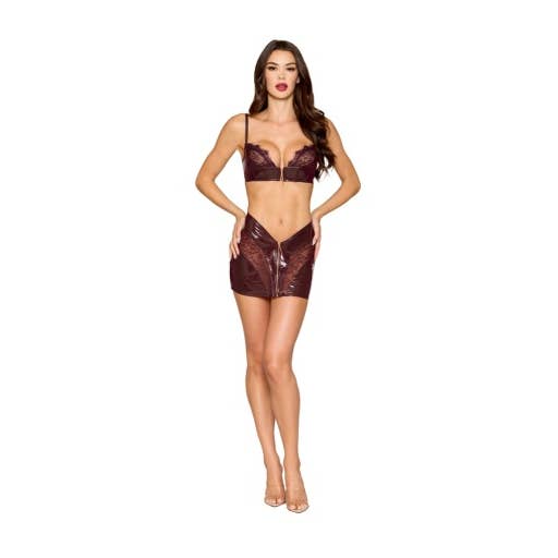 Dreamgirl Leather with Lace Cherry Lacquer Bra & Mini Skirt for wholesale by Dreamgirl International