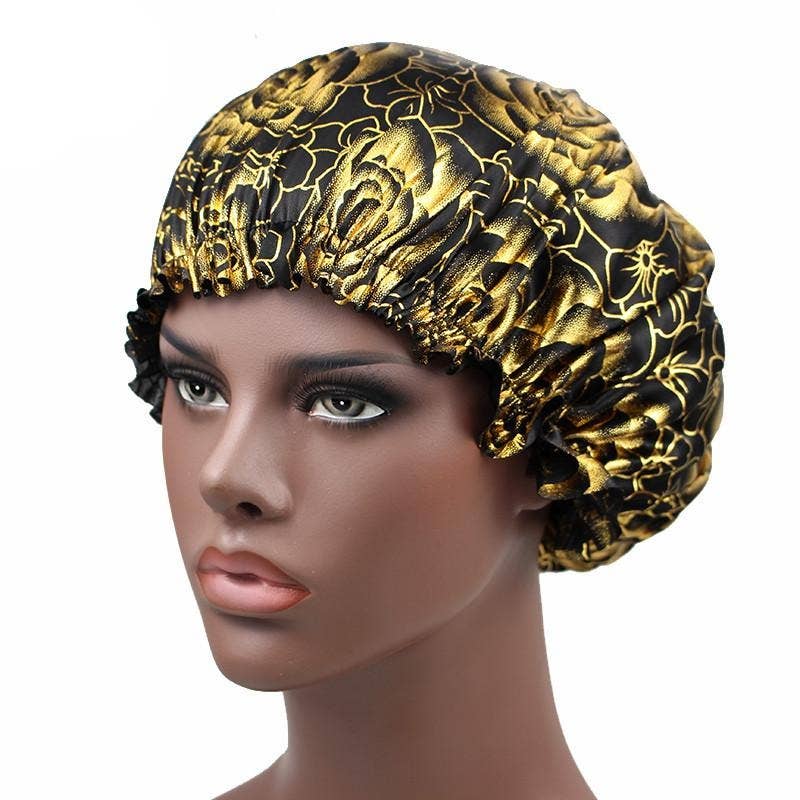 Taelor Boutique – wholesale Sleep cap / bonnet – women's – Black Gold Rose Print Silky Bonnet1