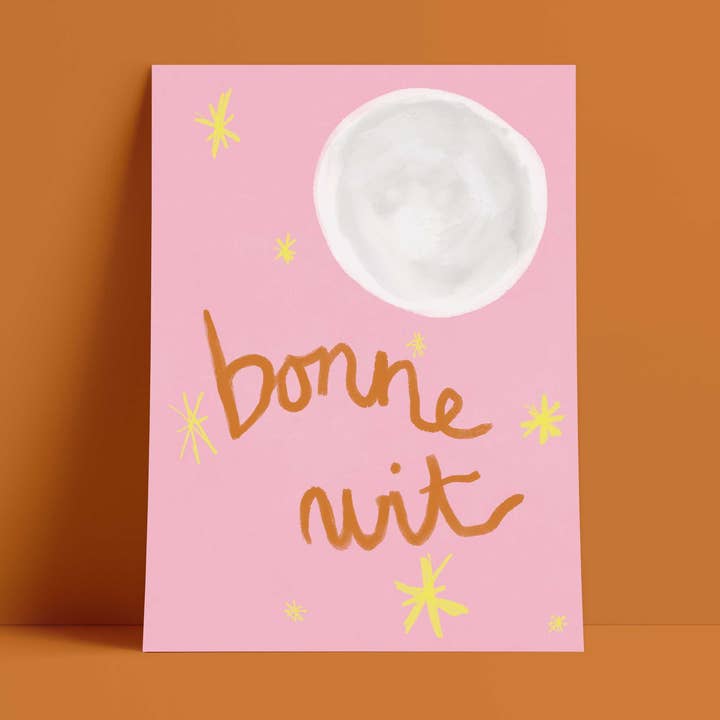 Bonne Nuit Print - Pink with Brown Fine Art Print for wholesale by Orla and the Gang