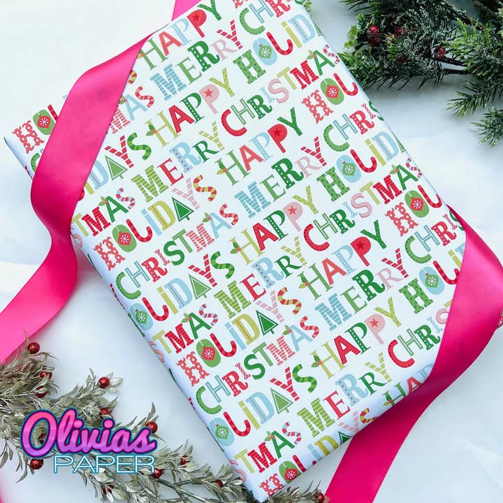 Merry Christmas Text Holiday Gift Wrap for wholesale by Olivias Paper