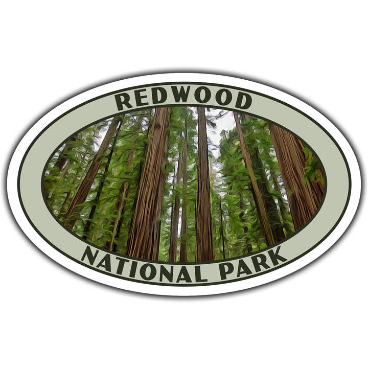 Autocollant du parc national de Redwood (Grands Arbres) pour la vente par Just Go Travel Studios