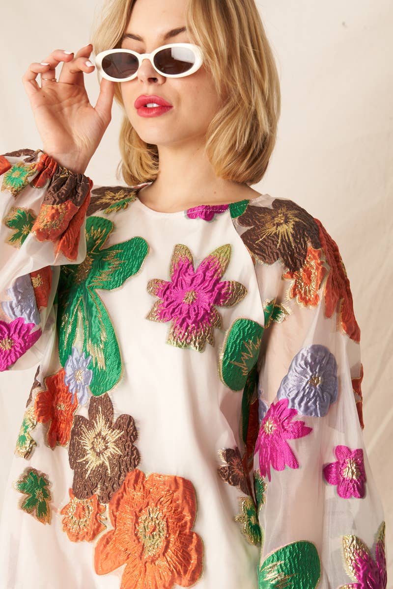 En Crème - Wholesale Dress - Women's - Bubble Sleeve Floral Organza Mini Dress5