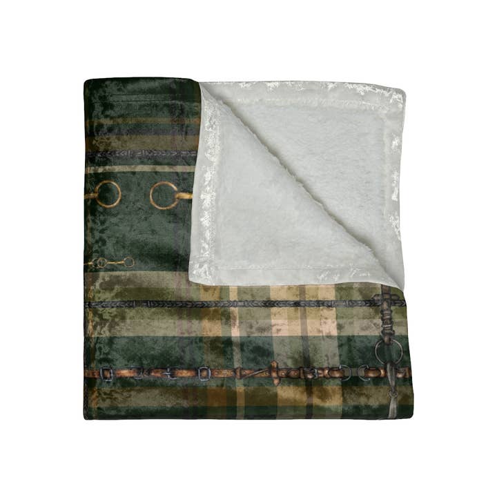 All Designs Equine - Wholesale Throw Blanket - Hunter Green Bit Plaid Equestrian Crushed Velvet Throw2
