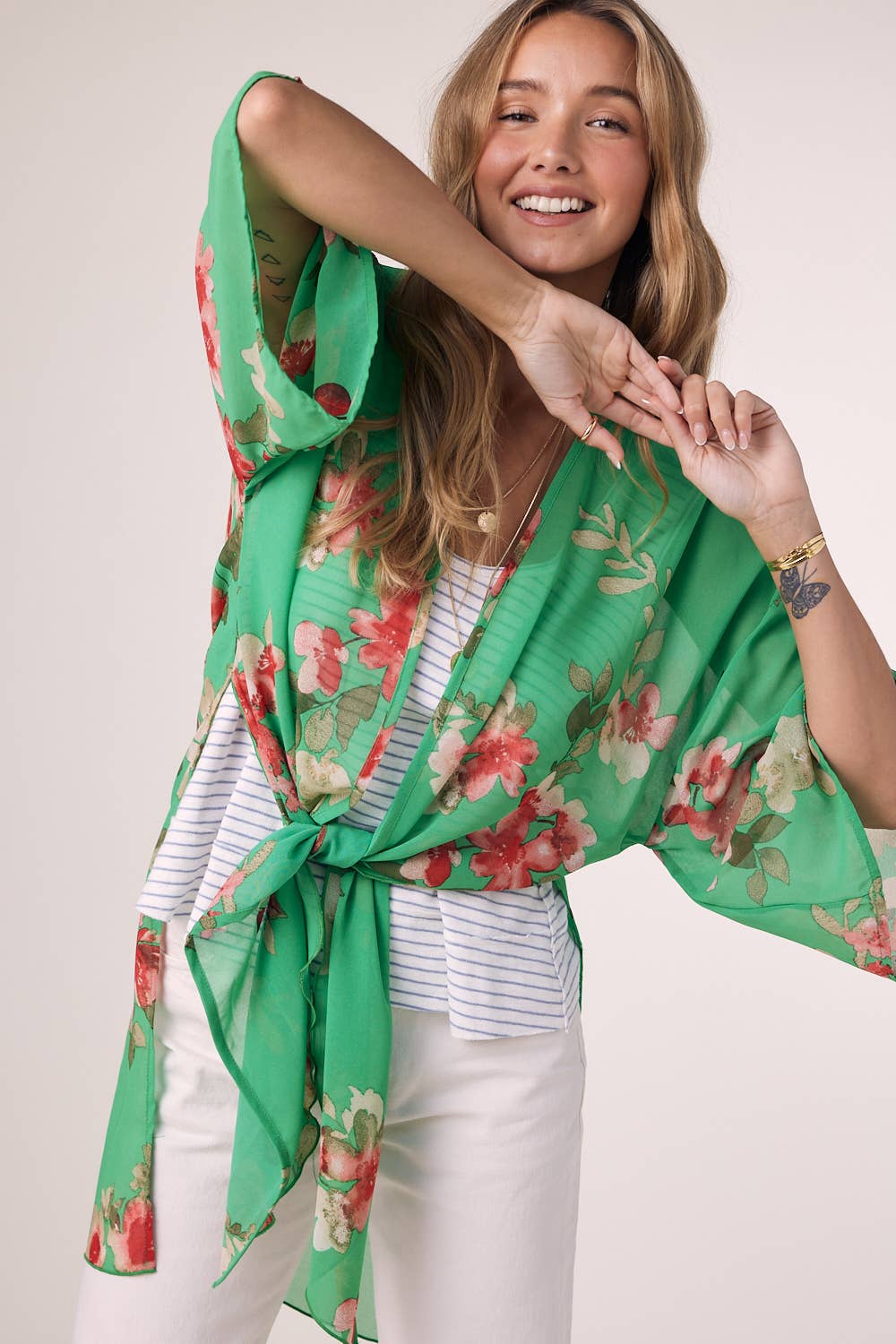 APPLE GREEN FLORAL CHIFFON KIMONO for wholesale on Faire1