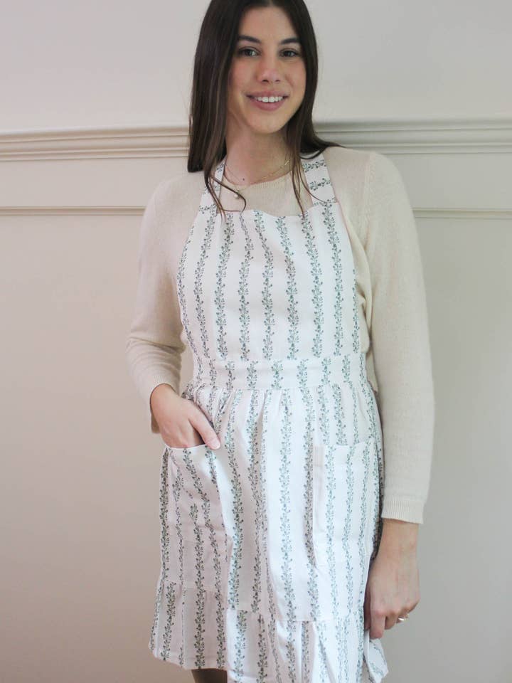 Women's Green Floral Stripe Cotton Apron for wholesale by Willamere