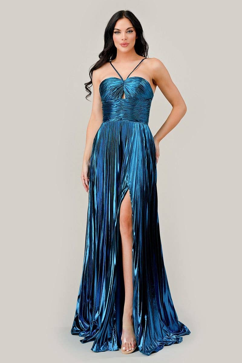 Tux-USA® - Wholesale Gown - Women's - Halter Pleated Lame' Metallic A-Line Gown3