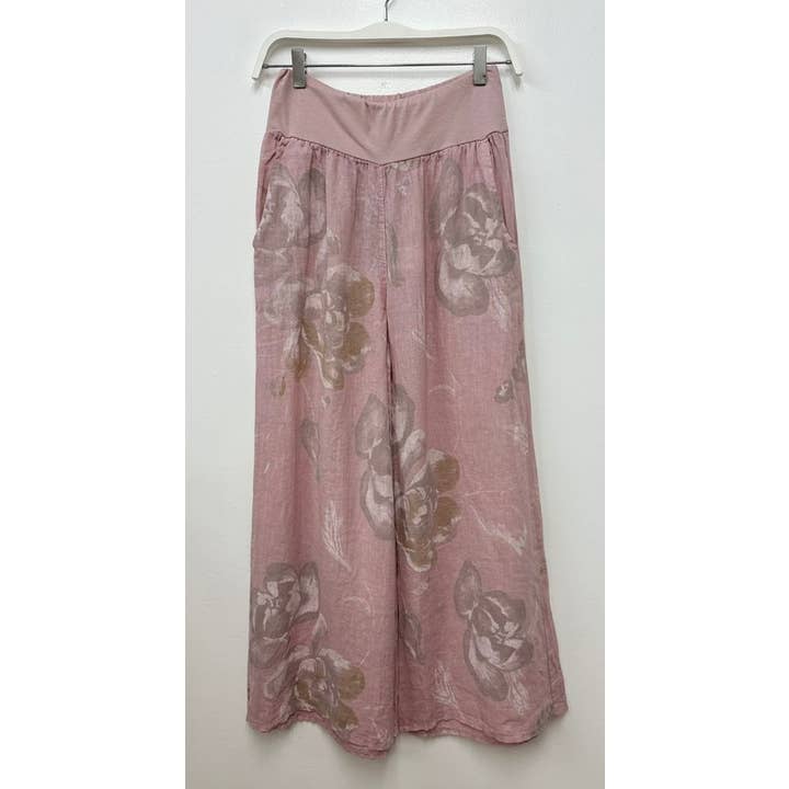 PANSY FLORAL PRINT WIDE LEG LINEN PANTS-(8730-PANSY-BLUSH) for wholesale by VENTI6