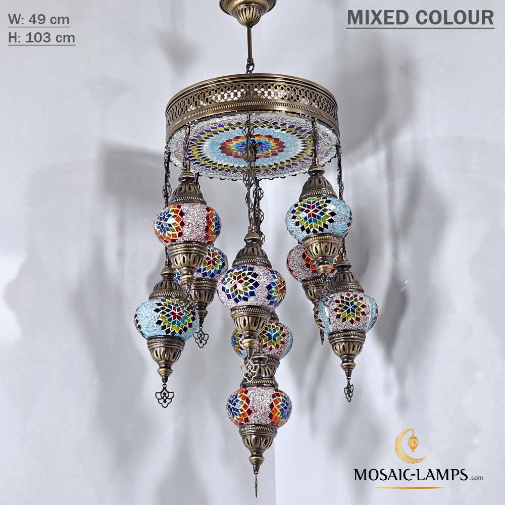 Mosaic Lamps – Großhandel Kronleuchter/Hängeleuchte – 9+1 türkische Kronleuchter mit gemischtem Globusmosaik, gemischte Siedlung11