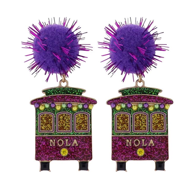 Purple, Green Gold Nola Street Car with Purple Pom Earrings for wholesale by Jane Marie