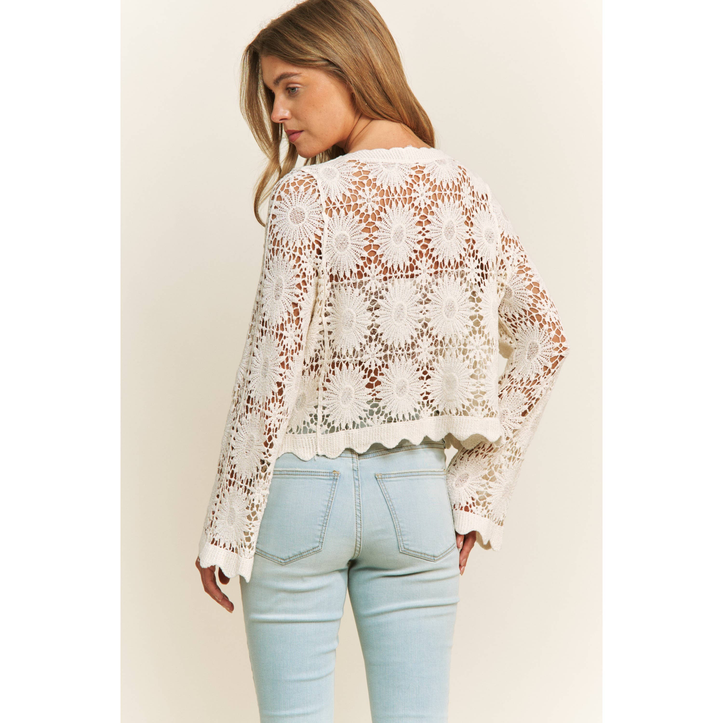 Sweet Generis - Wholesale Lounge Top - Women's - SCALLOP LACE FLORAL CROCHET BUTTON DOWN TOP9