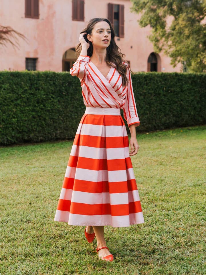 Marianna Déri GmbH - Wholesale Skirt - Women's - Midi Skirt Red & Pink Striped4