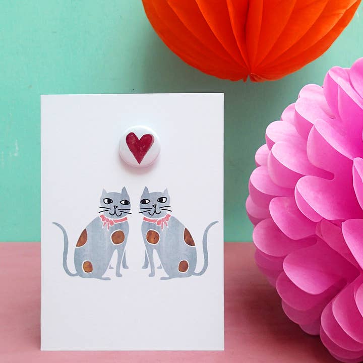 The Black Rabbit – wholesale Everyday greeting card – Staffordshire heart cats - Greeting card with badge