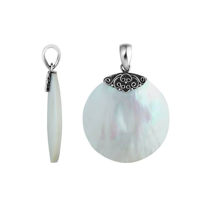 AP-6239-MOP Sterling Silver Mother Of Pearl Round Polished Designer Pendant For Premium Wholesale Jewelry Collections for wholesale by Bali Designs