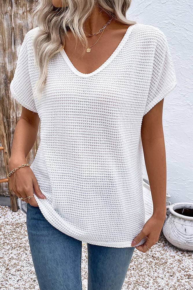 White V-Neck Short Sleeves Hollow Out T-Shirt BFZY1342 for wholesale on Faire2