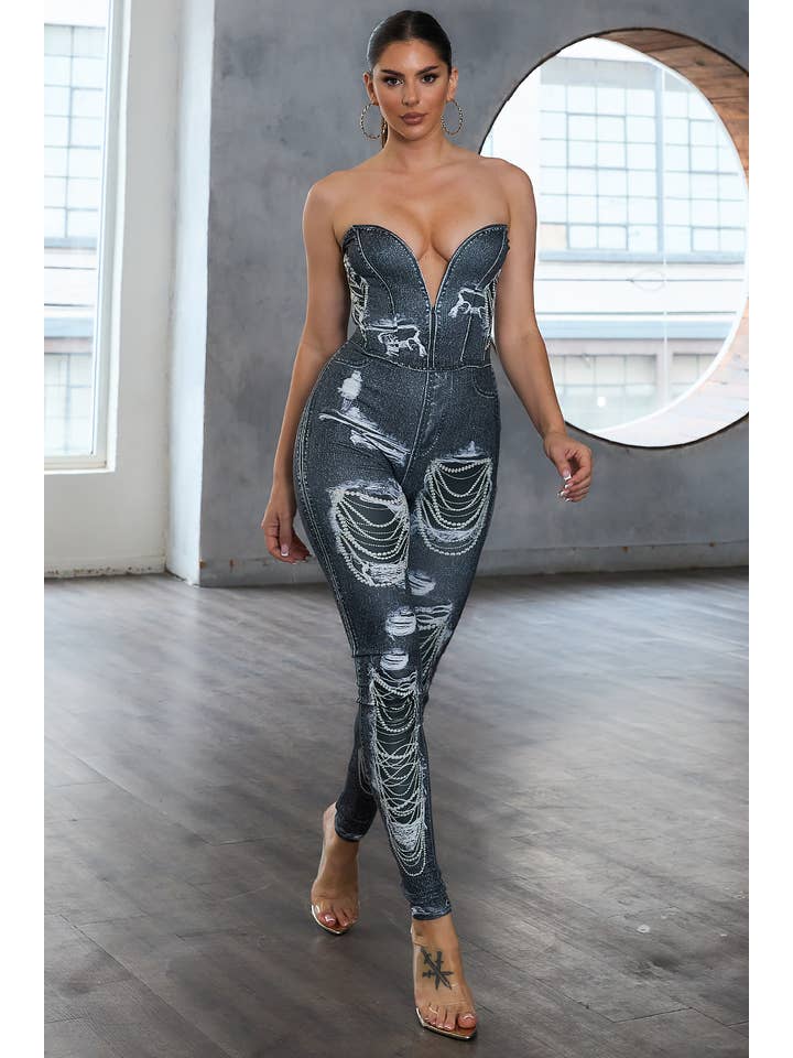 Her Bottari - Wholesale Top & Pant Set (NOT Loungewear) - Women's - BP2729-SET_Denim print bustier top & Pants set