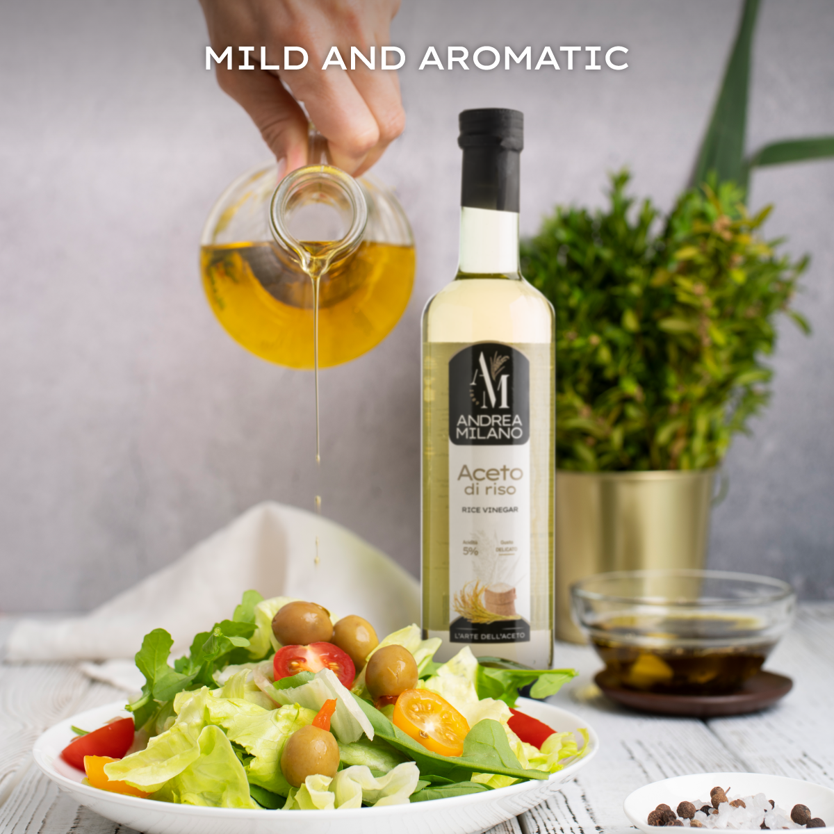 Andrea Milano – wholesale Vinäger – Italiensk risvinäger 5% glasflaska 500 ml1