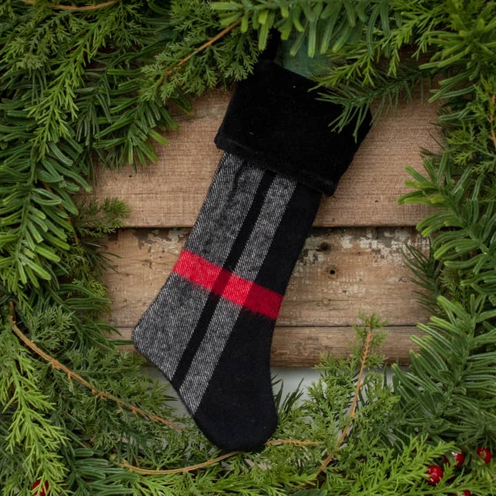 8" TARTAN STOCKING ORNAMENT W/ BLACK CUFF for wholesale by Ragon House