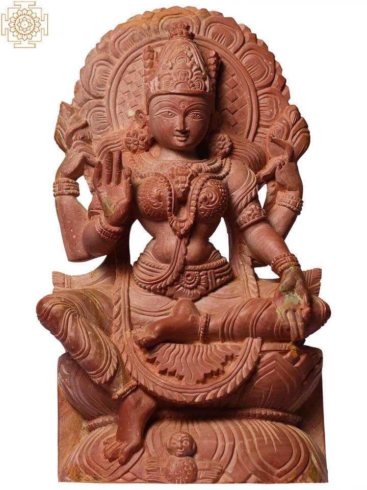 Statue de la déesse Lakshmi assise sur un piédestal de 20 cm | Statue en pierre rose pour la vente par Exotic India Art