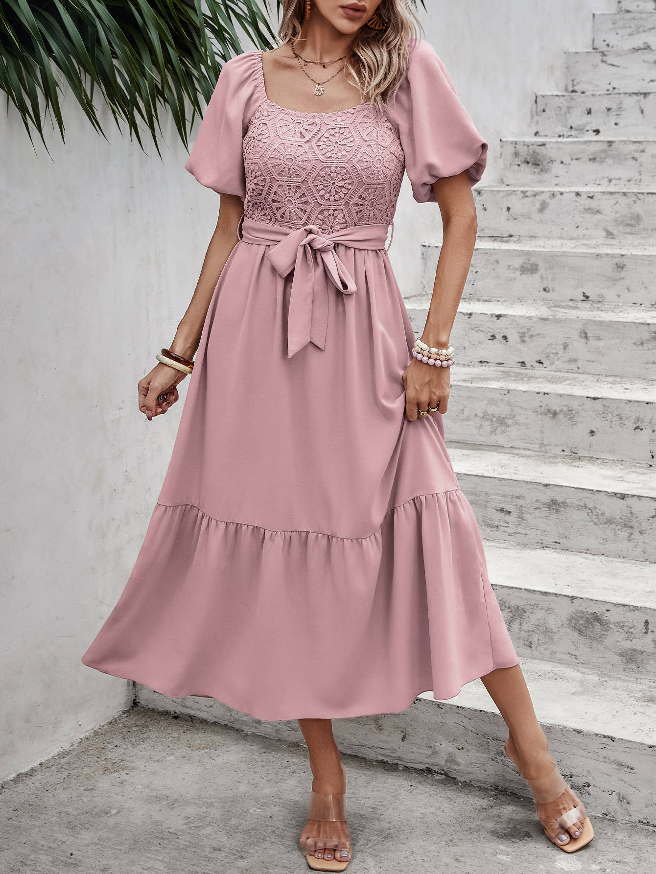 eLook - Wholesale Jurk - Dames - SZ1-DR1008 Midi-jurk met haakdetails en pofmouwen en riem9