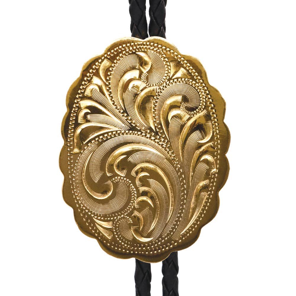 Western Express - Wholesale Necktie - Men's - Engraved Gold Scalloped Oval German Silver Bolo Tie0