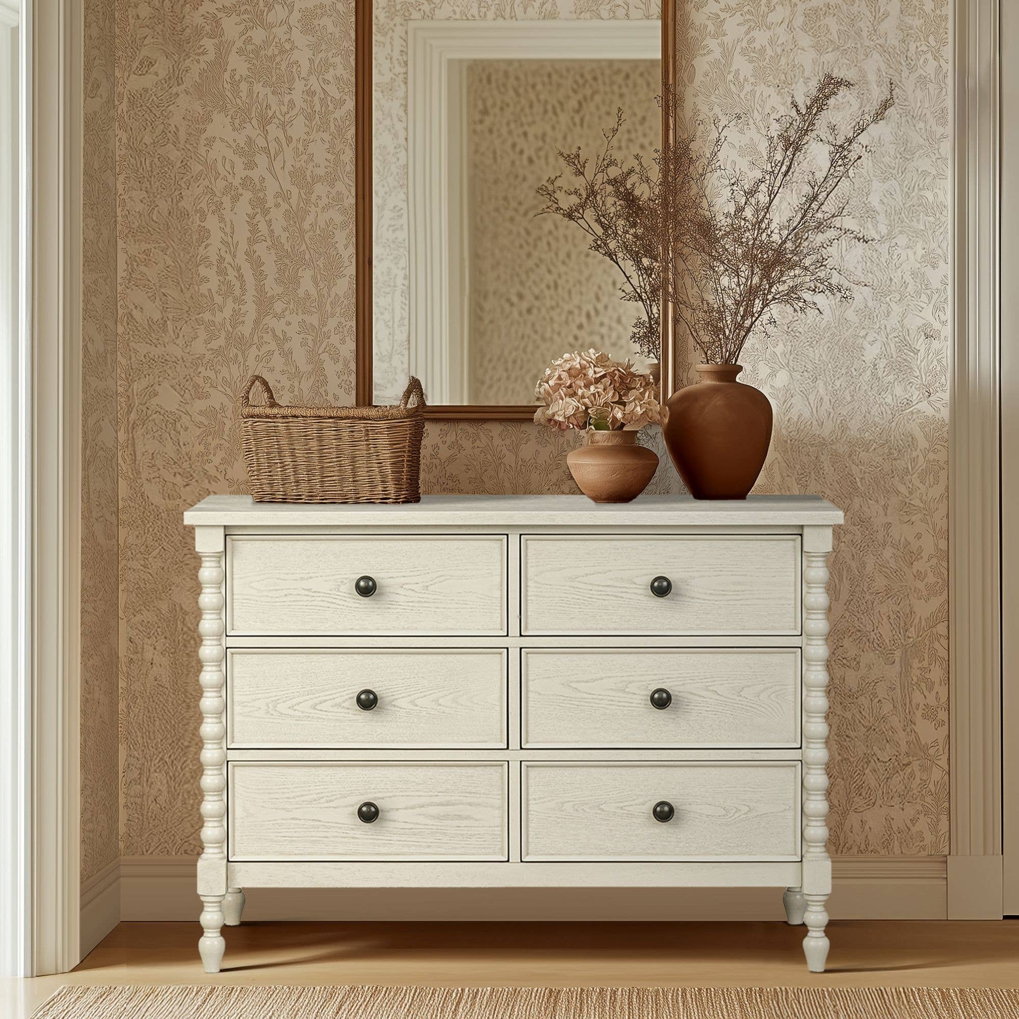 Olliix - Wholesale Cabinet - 46"W 6-Drawer Small Spindle Wood Dresser, Antique Cream *2