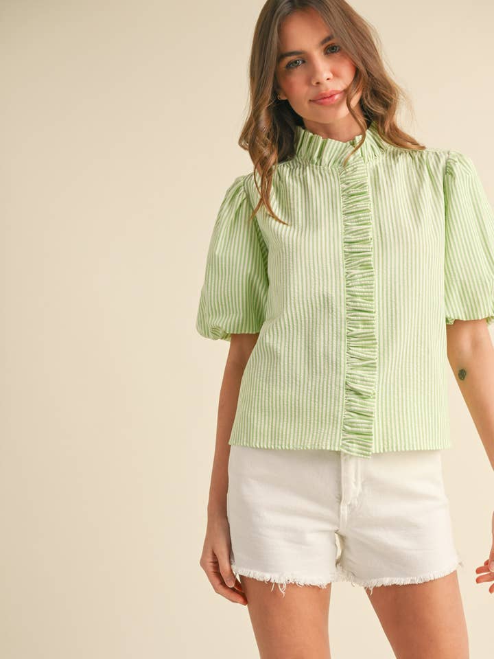 STRIPED RUFFLE BUTTON DOWN TOP MTP3750 for wholesale by &MERCI