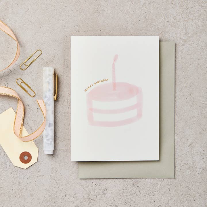 Katie Leamon - Wholesale Birthday Card - Happy Birthday Cake Pink Greeting Card
