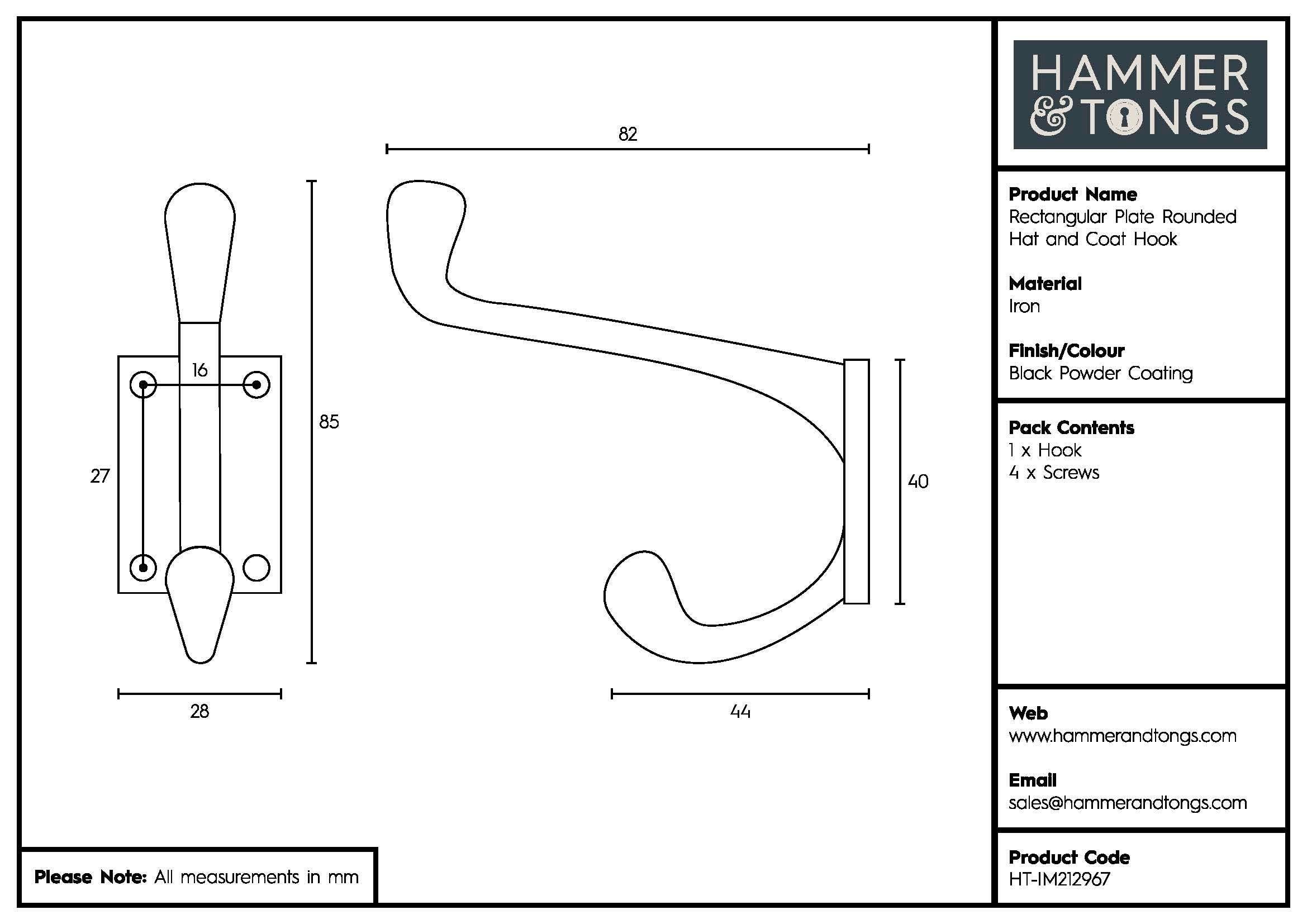 Rinkit Ltd - Wholesale Wall Hook - Rectangular Plate Rounded Hat & Coat Hook - W30mm x H85mm6