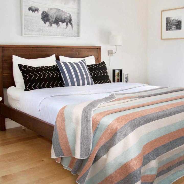 ECUALAMA - Wholesale Throw blanket - Yanacocha - Baby Alpaca Wool Throw Blanket / Sofa Cover - Queen 97 x 67 in - Multicolor Striped in Aqua blue, Ivory, Slate & Clay Tones2