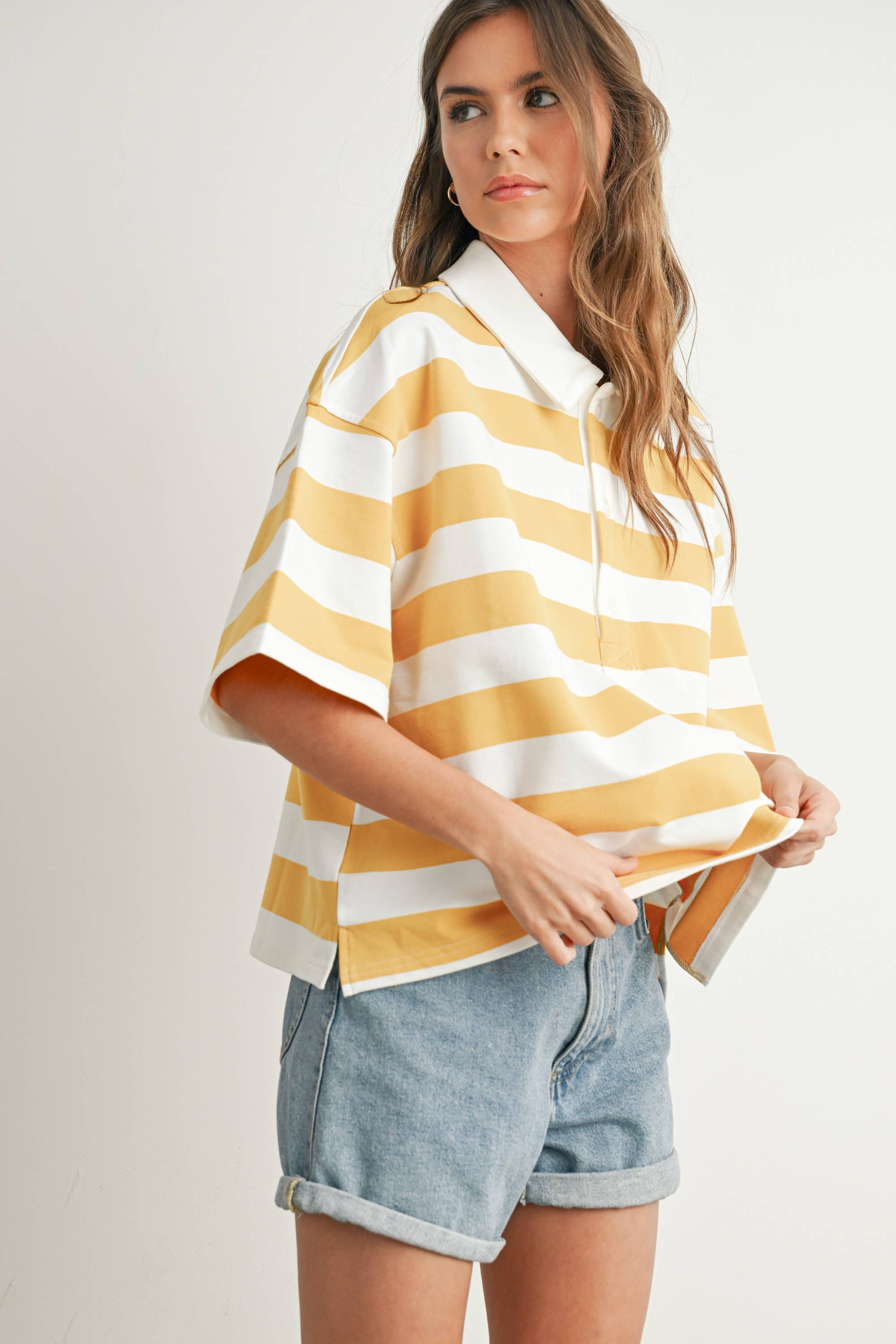 BUTTERMELON - Wholesale Polo - Women's - Striped Oversized Polo Shirt - BMT771022