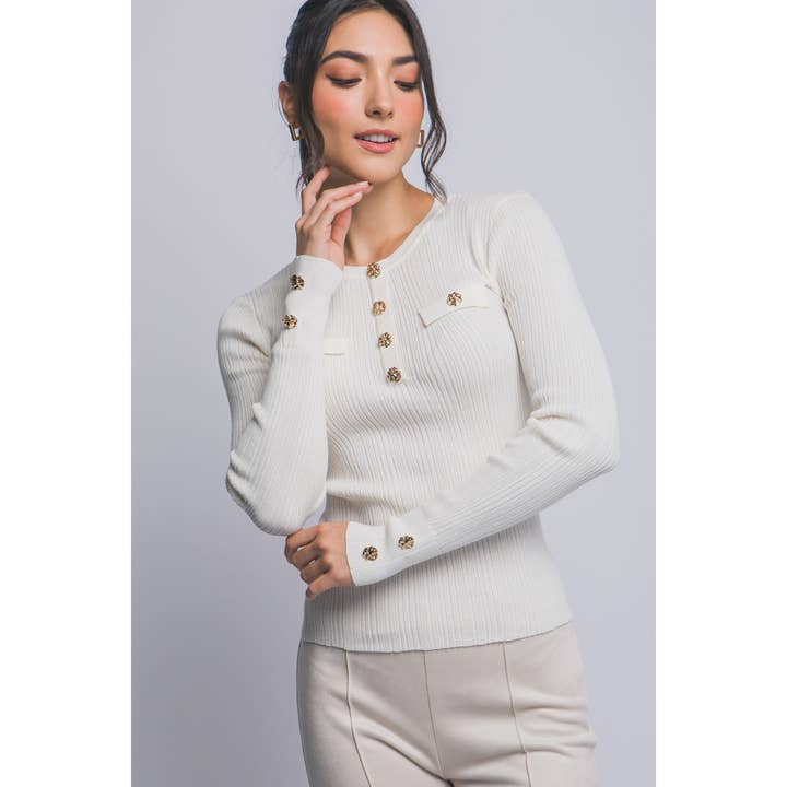 Ribbed Knit Top with Gold Buttons for wholesale by HiteJeans