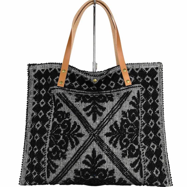JIJOU CAPRI - Wholesale Tote Bag - Women's - MICA Canvas Woven Pattern Large Tote Bag Leather Strap