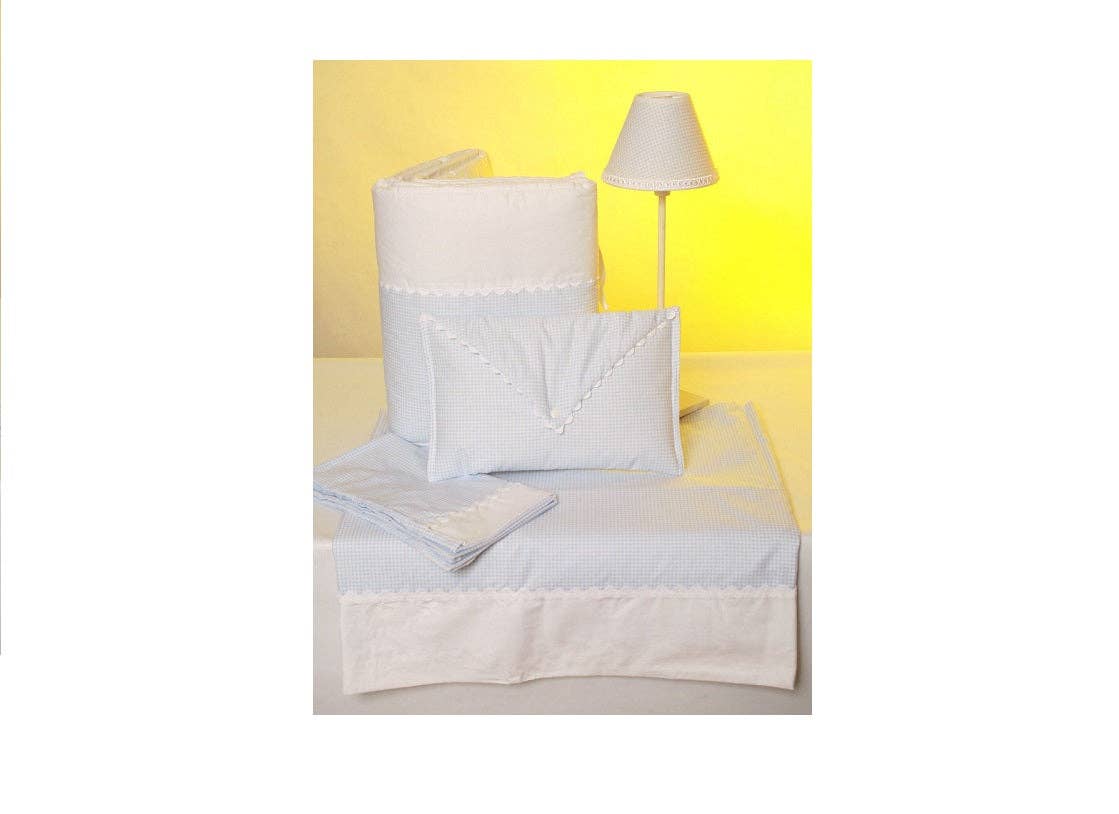 Sandra Adrubau - Wholesale Cot/Crib Sheets - Blue gingham design baby duvet cover with white detail and lace for a 70 crib.3