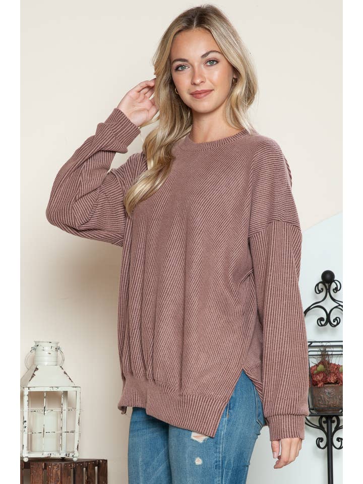 Burgundy Apparel - Wholesale Sweatshirt - Women's - BRUSHED WAVERIB OVERSIZED SWEATSHIRT SIDE SLIT