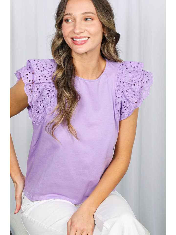 Vine & Love - Wholesale Blouse - Women's - Crew Neck Eyelet Lace Ruffled Sleeve 100%Cotton Top VT82646-