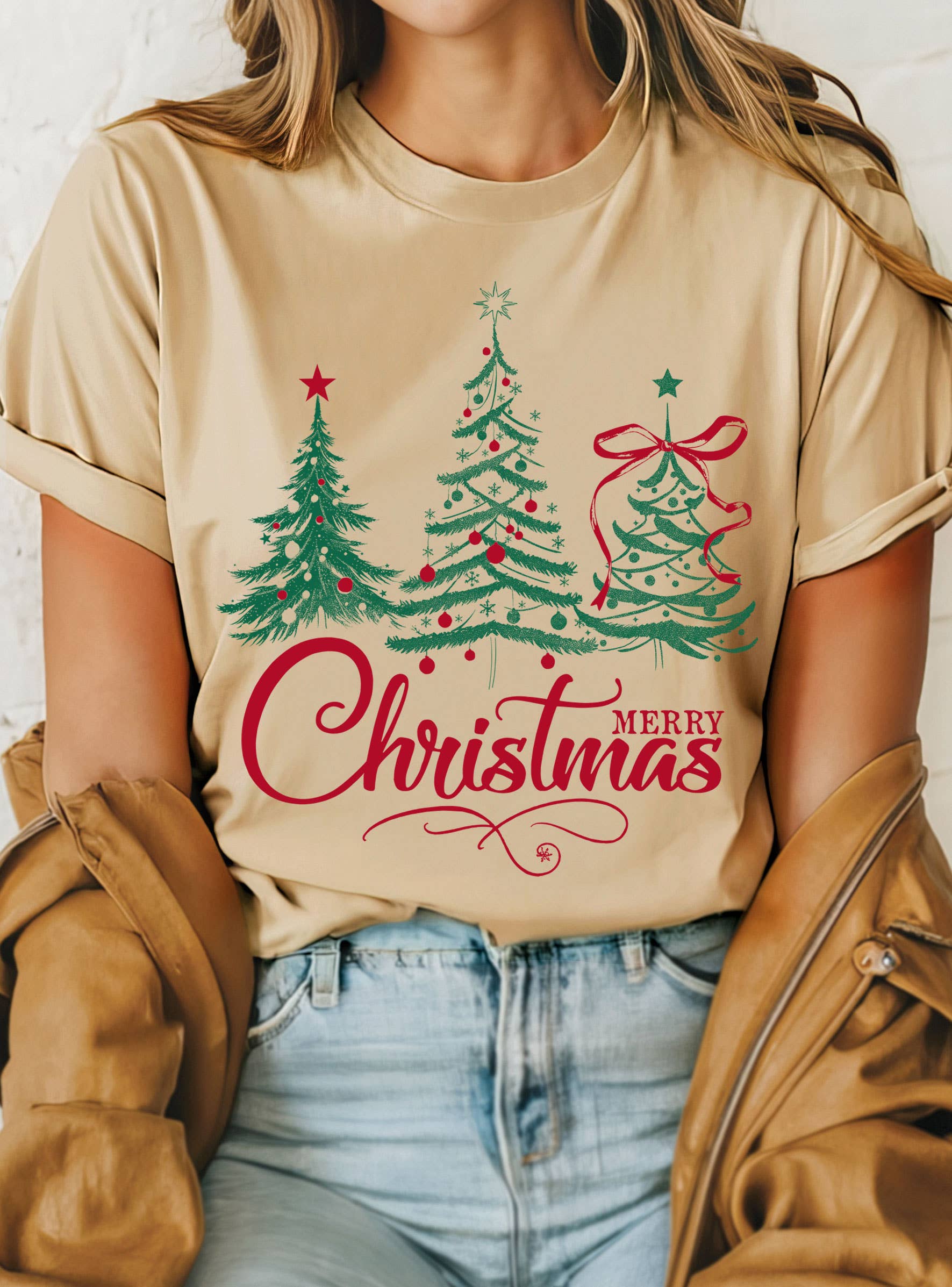 Rustee Clothing – Großhandel T-Shirt mit Siebdruck – Unisex – T-SHIRTS MIT FRÖHLICHER WEIHNACHTSBAUM-LICHTGRAFIK6