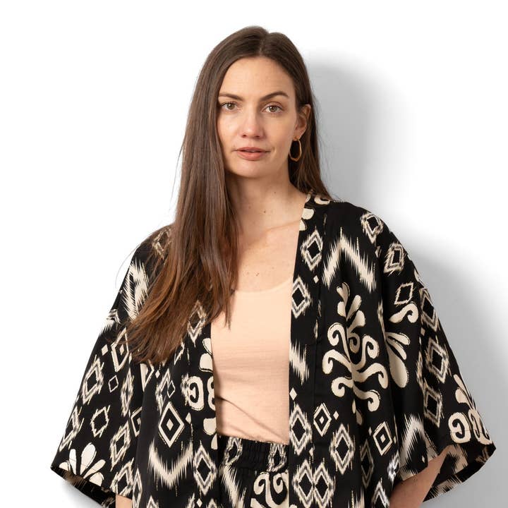 Joelle Lightweight Short Kimono - Black, Ikat for wholesale by Sarta