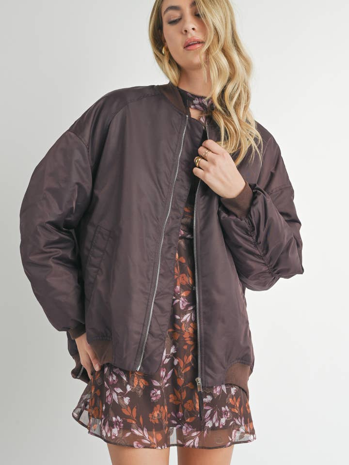 Mila Shirred Slv Oversized Bomber: CHOCOLATE for wholesale by Sage The Label