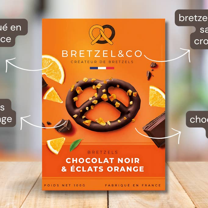 pretzel chocolate negro - trozos de naranja - Selección Navidad 202 para venta al por mayor de Bretzel&Co