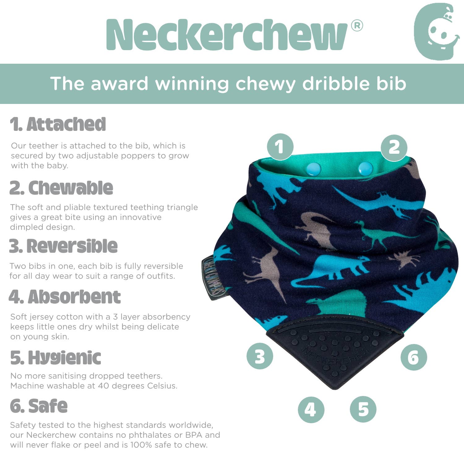 Cheeky Chompers UK – Engroshandel Hagesmæk - Baby – Neckerchew biderens savlesmekke - Baby Dino6
